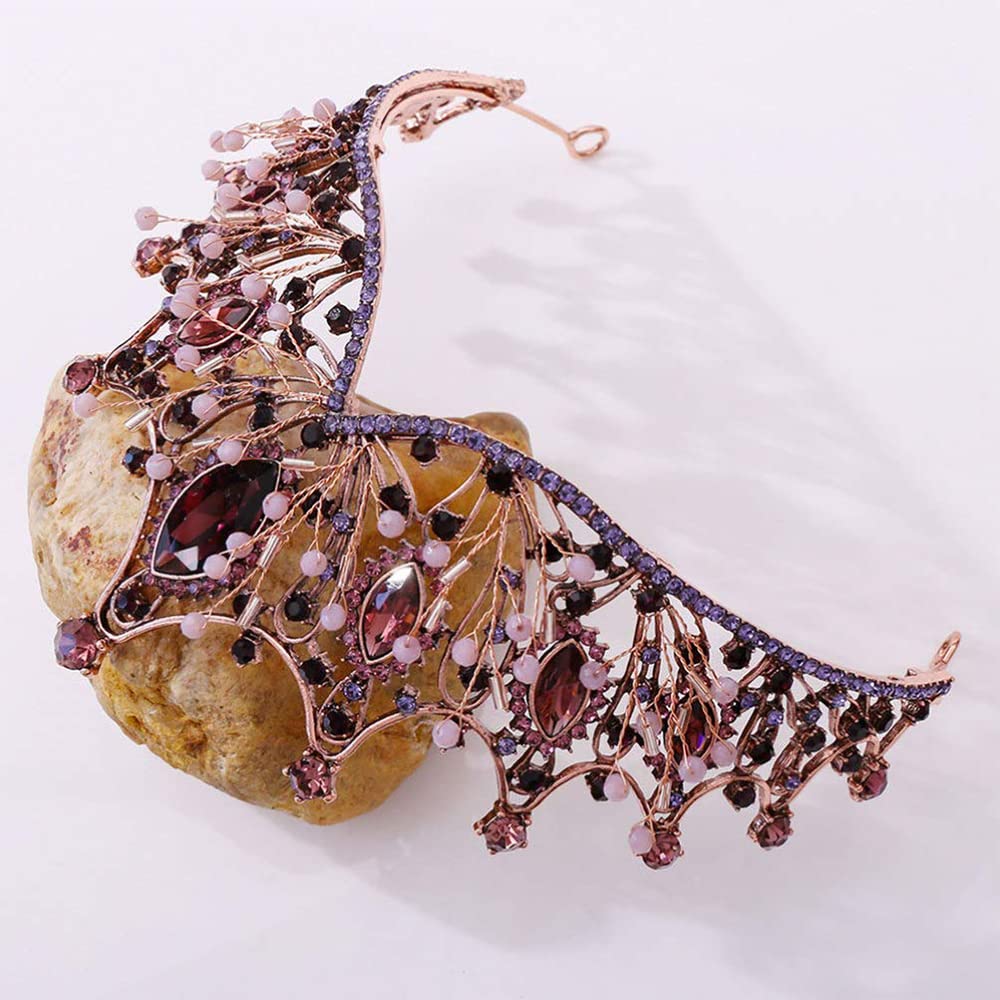 Corona Barocco, Tiara Corona Di Cristallo Con Strass, Diadema Con Strass per Matrimoni, Feste Da Ballo, Concorsi Bellezza, Feste Compleanno (Antico Rosso Rame Viola)