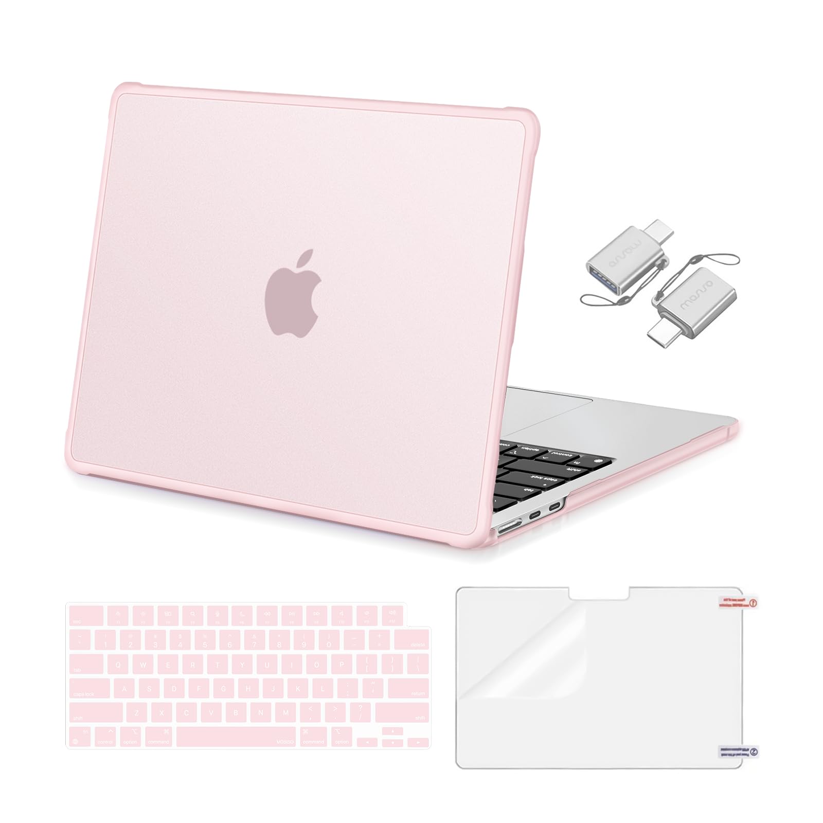 MOSISO Compatible with MacBook Air 13 inch Case M5 M4 M3 M2 2026-2022 A3449 A3240 A3113 A2681,Protective Hard Case&Keyboard Skin&Screen Film&Type C with TPU Bumper for MacBook Air 13.6, Pink