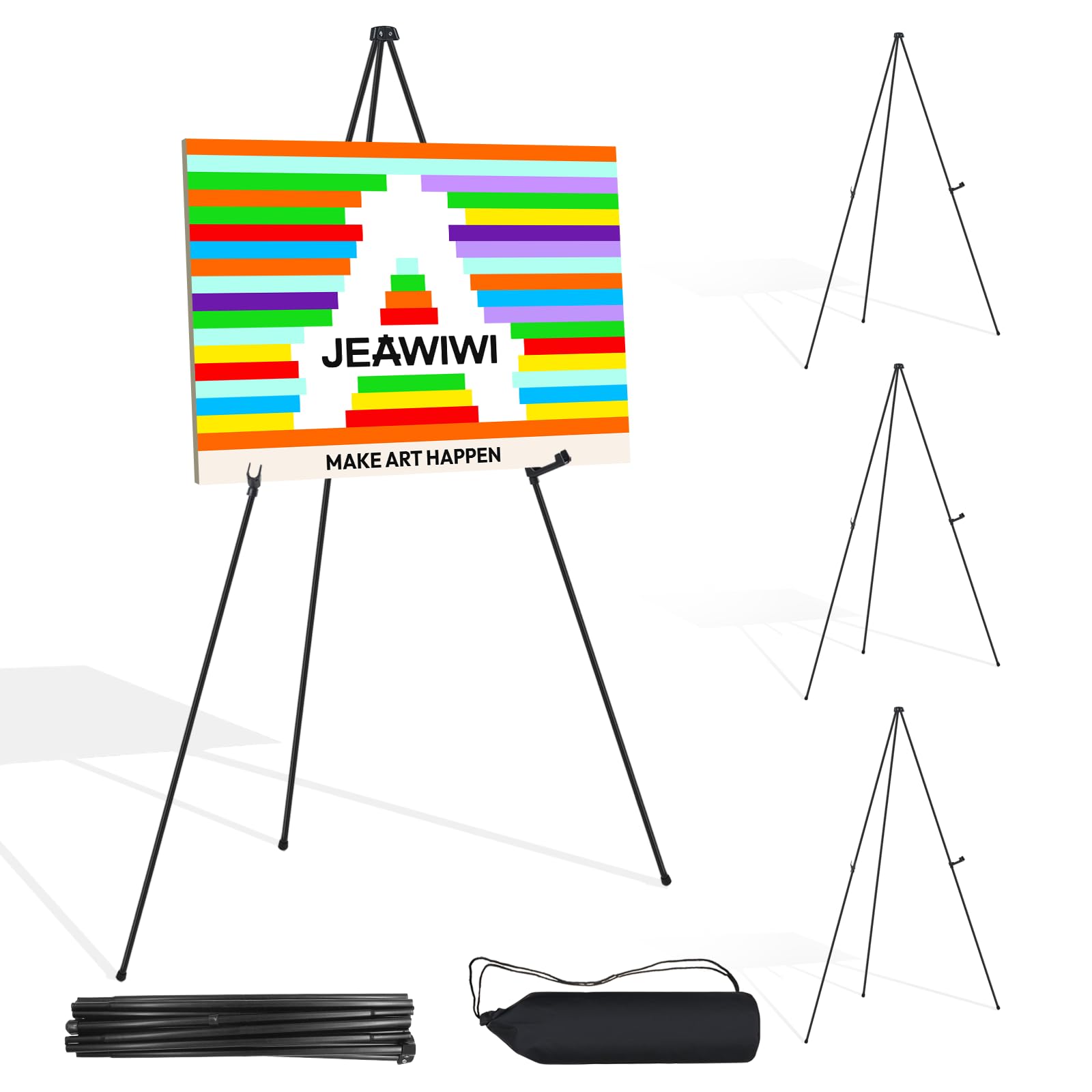 JEAWIWI 웨딩 사인 스탠드용 블랙 이젤 스탠드 4개, 167.6cm(66인치) 조절 가능한 금속 이젤, 결혼식, 디스플레이 쇼, 예술, 포스터용 휴대용 접이식 이젤, 휴대용 가방 포함