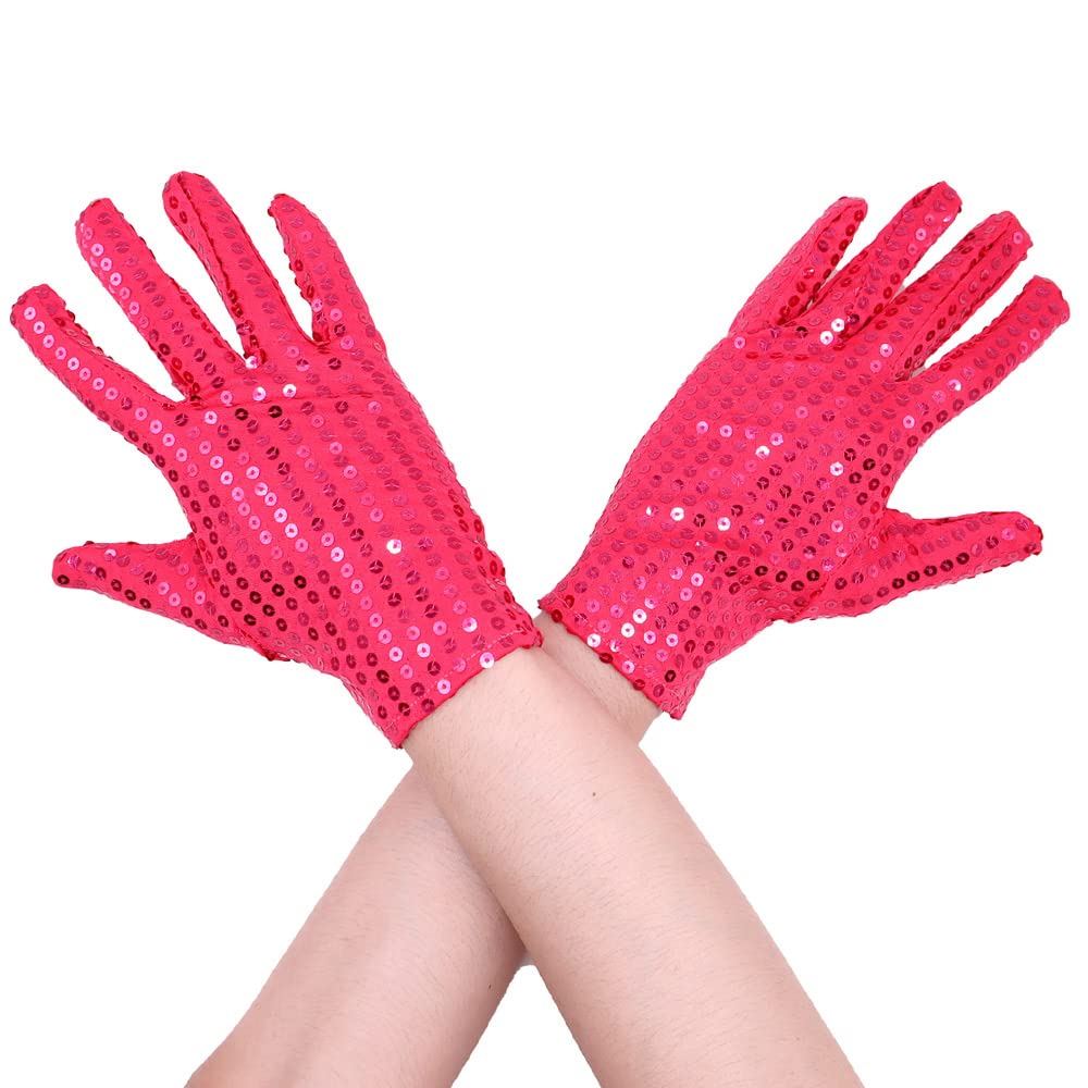 Aniler Unisex Wrist Length Full Finger Sequin Solid Color 80s Sparkling Glitter Costume Cosplay Party Short Gloves, Rose Red, One size โ image 1