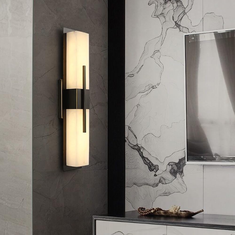 Applique da Parete per Interni Striscia Luminosa Lineare da 23,6" (60 Cm Circa) LED 12W Nero Marmo Pietra Naturale Ottone Lampade da Parete Dorate per Camera da Letto Comodino Soggiorno Stile Rustic
