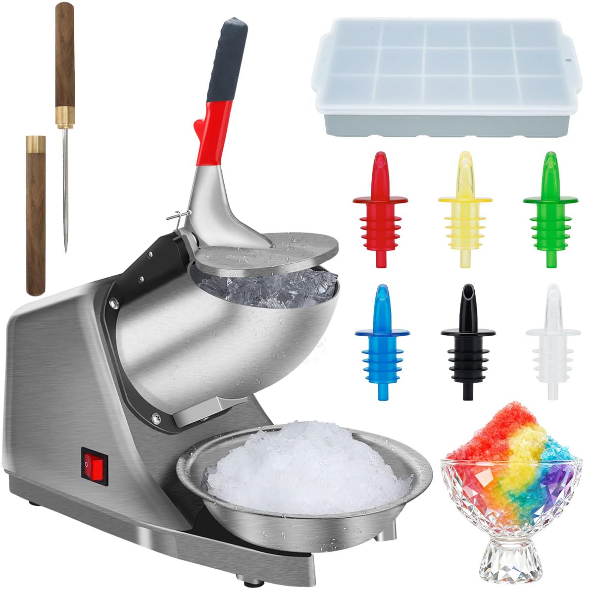 Photo 1 of Reespring Snow Cone Machine Shaved Ice Machine Ice Crusher with 4 Blades Kitchen Electric for Shaved Ice and Snow Cone (300W 2000r/min) Comes with a Free Ice Pick,Ice Cube Tray, 6 Syrup dispensers