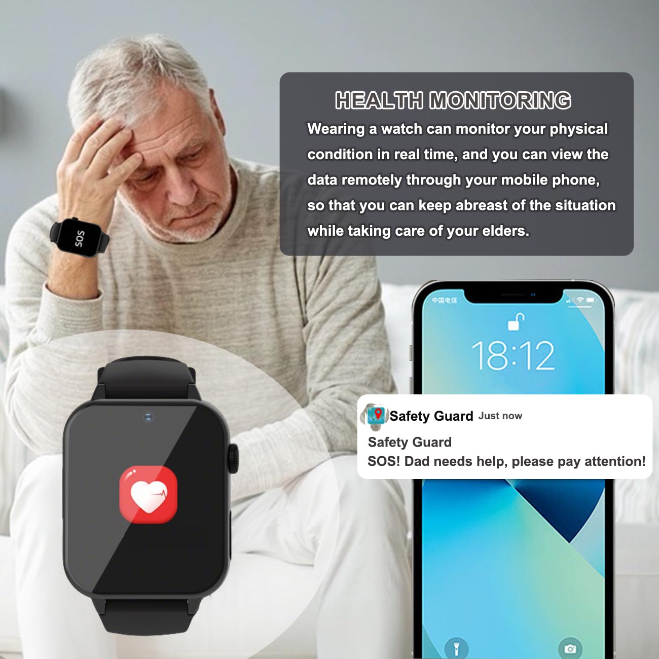 Reloj salvavidas para personas mayores, GPS SOS, con detección de caídas, videollamada, para Alzheimer, reloj inteligente de pulsera para ancianos, negro, 1,96 x 1,57 x 0,47 pulgadas