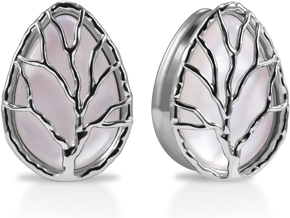 PUNKYOUTH 2PCS Teardrop Pearl Shell Ear Gauges Saddle Tunnels Double Flared Plugs Life Tree Elegant Stainless Steel Expander Stretcher Earrings For Women Guage 0g-1"