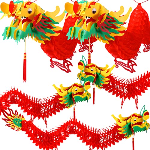 5 Pcs 3D Chinese New Year Dragon Garland Decoration Hanging Dragon Lanterns Chinese New Year Decorations for Spring Festival Ceiling Home Shops Indoor Outdoor Ornaments, 3.28ft