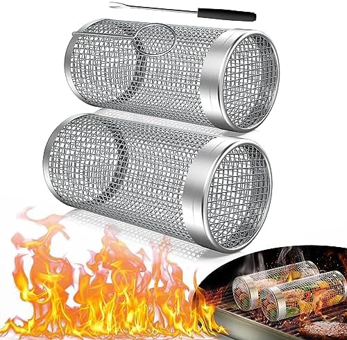 SBMKK Rolling Grill Baskets for Outdoor Grill, Round BBQ Grilling Baskets for Veggies, BBQ Net Tube Barbeque Vegetable Grill Accessories, Cage Cylinder for Fish, 2 PACK (two large)