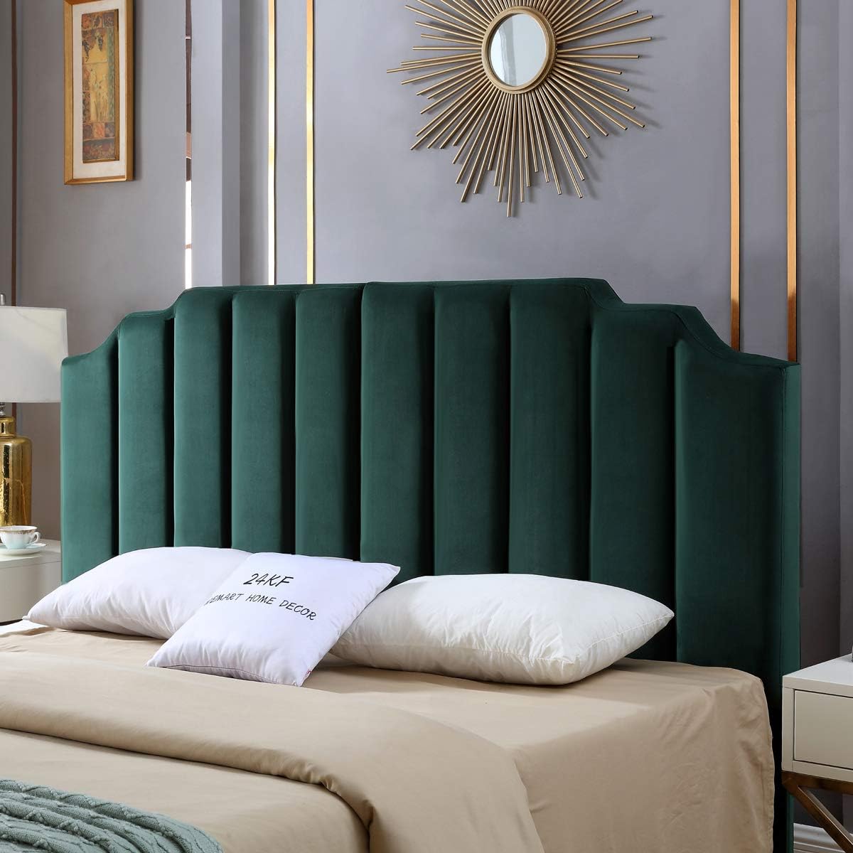 24KF Jade Velvet Tufted King Upholstered Headboard, Modern Vertical Channel Design California King Headboard with Stepped Silhouette Top Edge,Jade