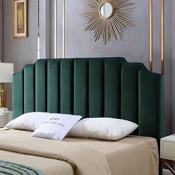 24KF Velvet Tufted Upholstered Headboard, Modern Vertical Channel Design with Stepped Silhouette Top Edge, King/CA King Headboard,Jade