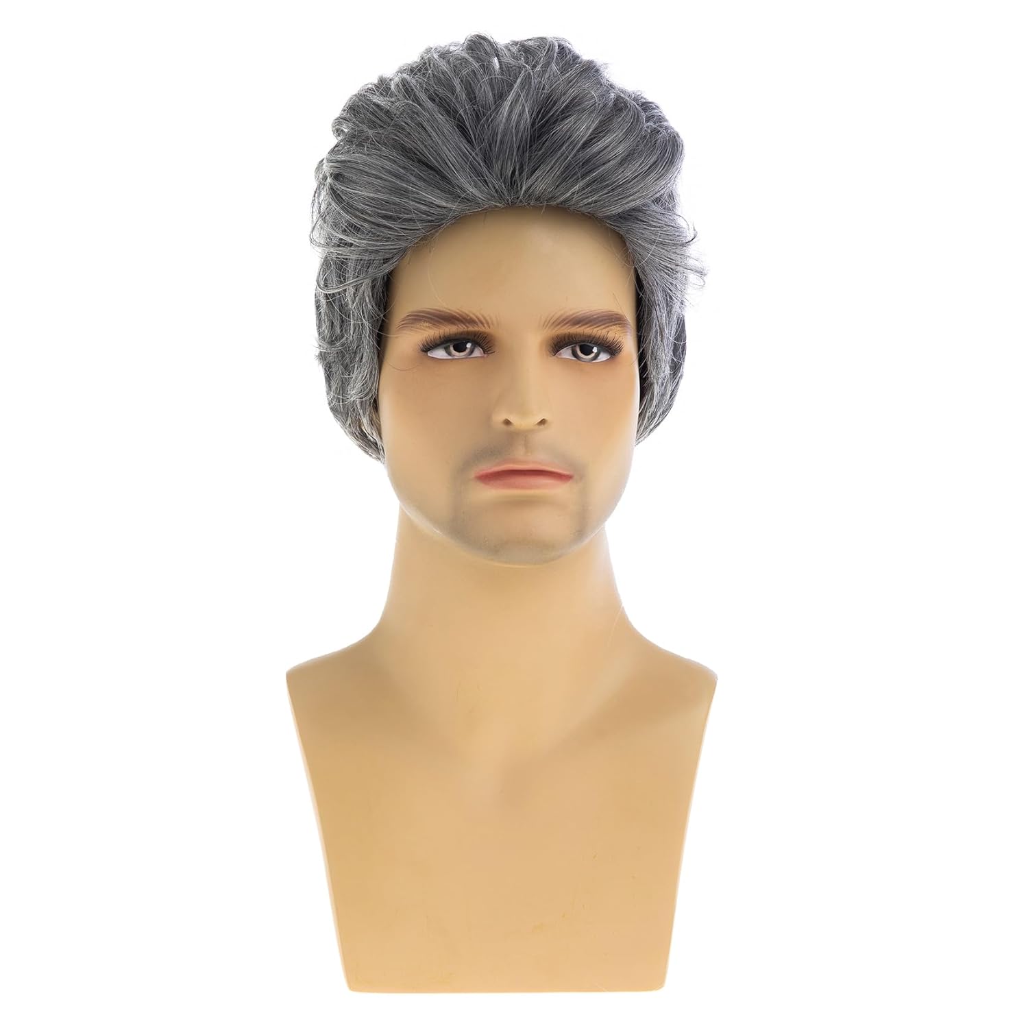 Baruisi Mens Grey Wig Short Wavy Layered Synthetic Hair Halloween Cosplay Wigs for Male