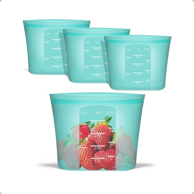 Reusable Food Bags, 8 Pack 100% Silicone Food Storage Bags Stand Up Zip Lock Container, Freezer Microwave Oven Dishwasher Safe, 4 Medium 2 Small 2 Extra Small, Aqua