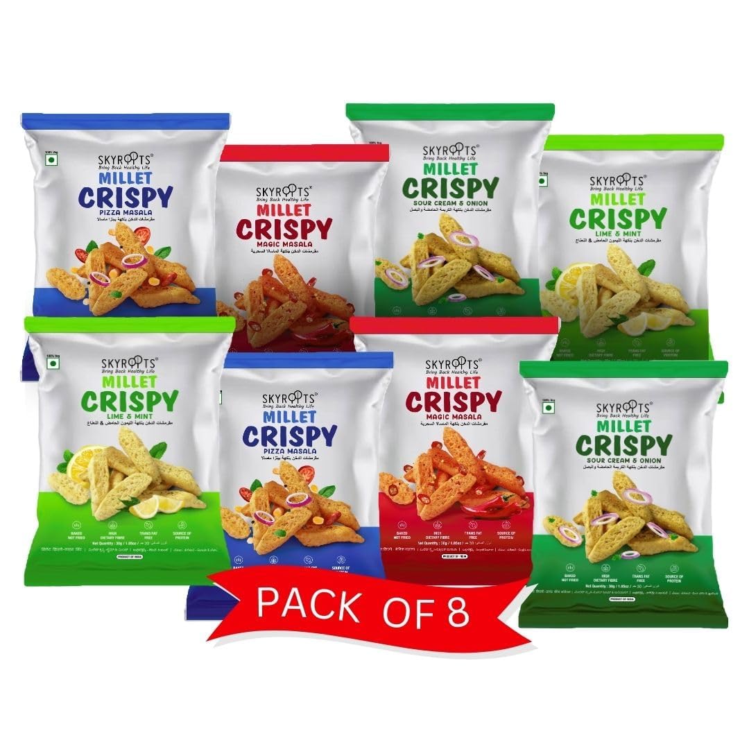 SkyRoots Millet Crispy Puffs, 30g Pack of 8, Multi-Flavours, Healthy Baked Snacks, Pure Veg, Naturally Gluten-Free, No Maida, No Cholesterol, No Trans-Fat (30 g, Assorted)-image-20