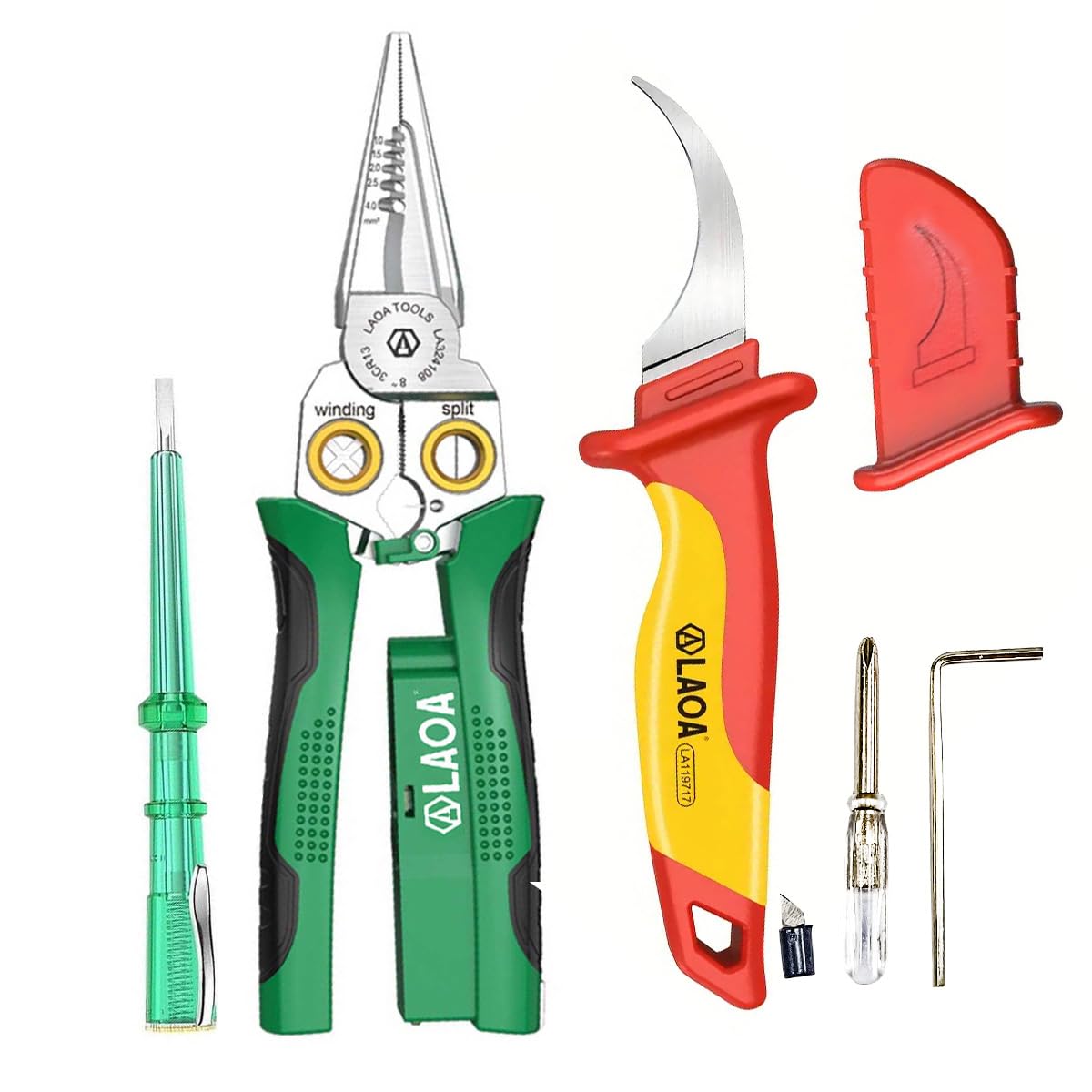LAOA Wire Stripper with Electricity Measurement,8-in-1 Wire Stripping Pliers for Cutting,Pulling Wires,Cable Scissors for Scraping,Pressing Wires,with Voltage Test,with LA119717 Insulation Knife