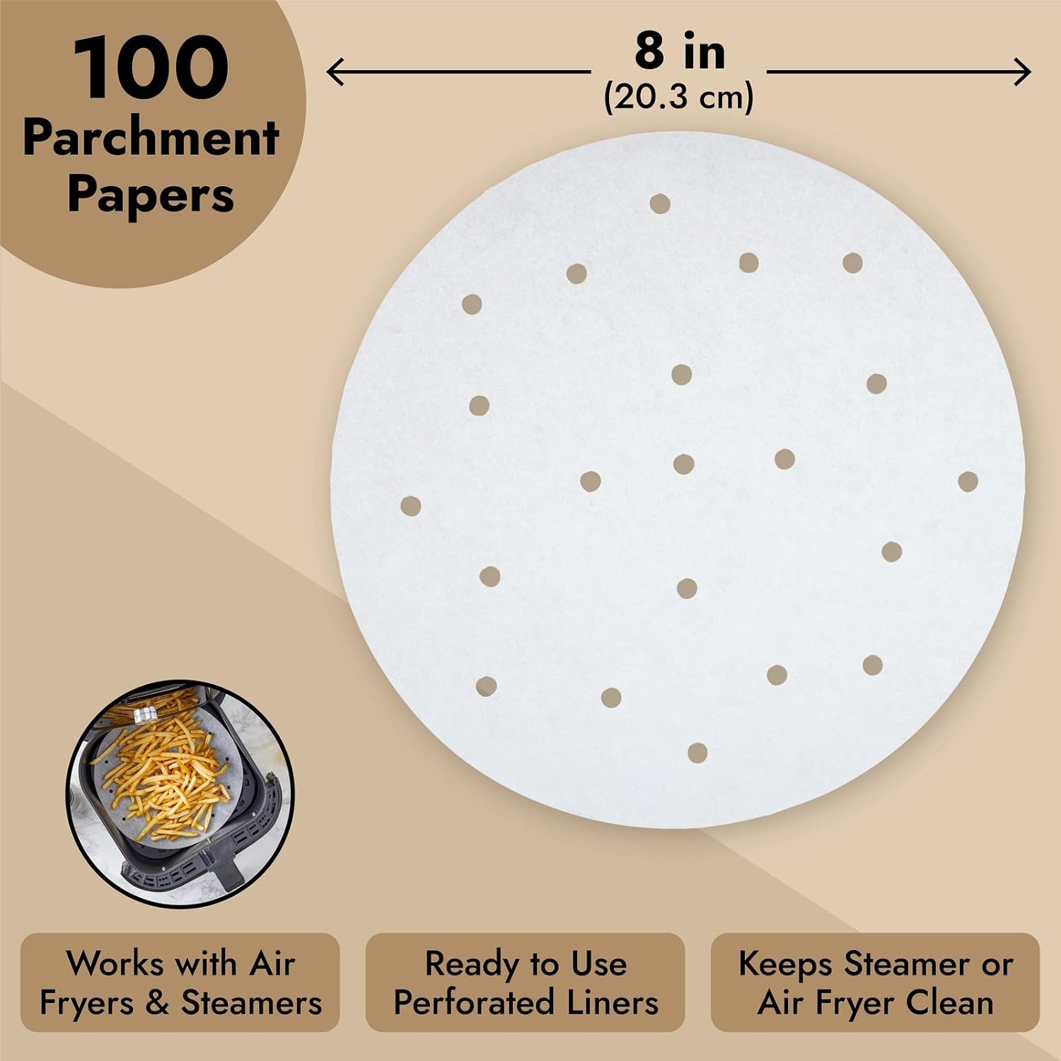 Juvale Air Fryer Liners Disposable - 8-Inch White, 100 Pack - Air Fryer Parchment Paper Liners & Sheets for Basket & Oven - Nonstick Steamer Paper & Accessories - Heat-Resistant to 428°F