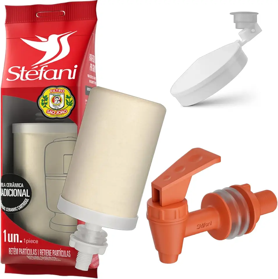 Kit Completo Stefani para Filtro de Barro – 1 Vela Filtrante Tradicional + 1 Boia Smart + 1 Torneira Clic Marrom | Reposição para Filtros por Gravidade