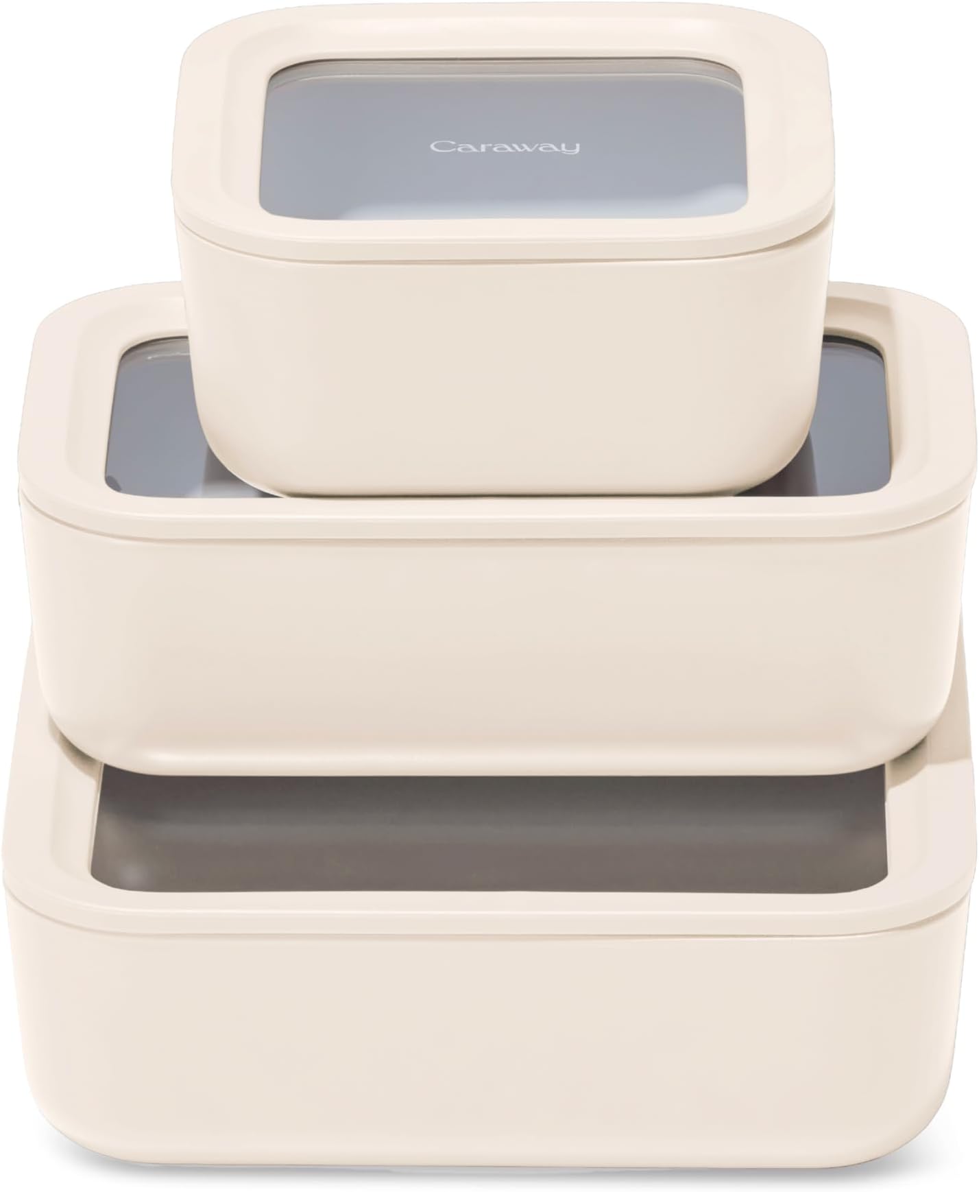 Caraway3pc Glass Food Storage Set – 10 Cup, 6.6 Cup, & 4.4 Cup Food Containers - Ceramic Coated - Non Toxic Non Stick Lunch Box with Glass Lids - Dishwasher, Oven, & Microwave Safe - Cream