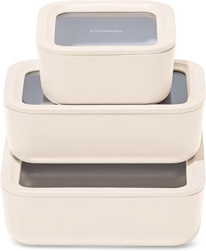 Caraway 3pc Glass Food Storage Set 10 Cup, 6.6 Cup, 4.4 Cup Food Containers - Ceramic Coated - Non Toxic Non Stick Lunch Box with Glass Lids - Dishwasher, Oven, Microwave Safe - Cream