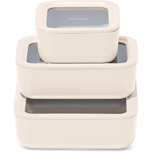 Caraway 3pc Glass Food Storage Set – 10 Cup, 6.6 Cup, & 4.4 Cup Food Containers - Ceramic Coated - Non Toxic Non Stick Lunch Box with Glass Lids - Dishwasher, Oven, & Microwave Safe - Cream