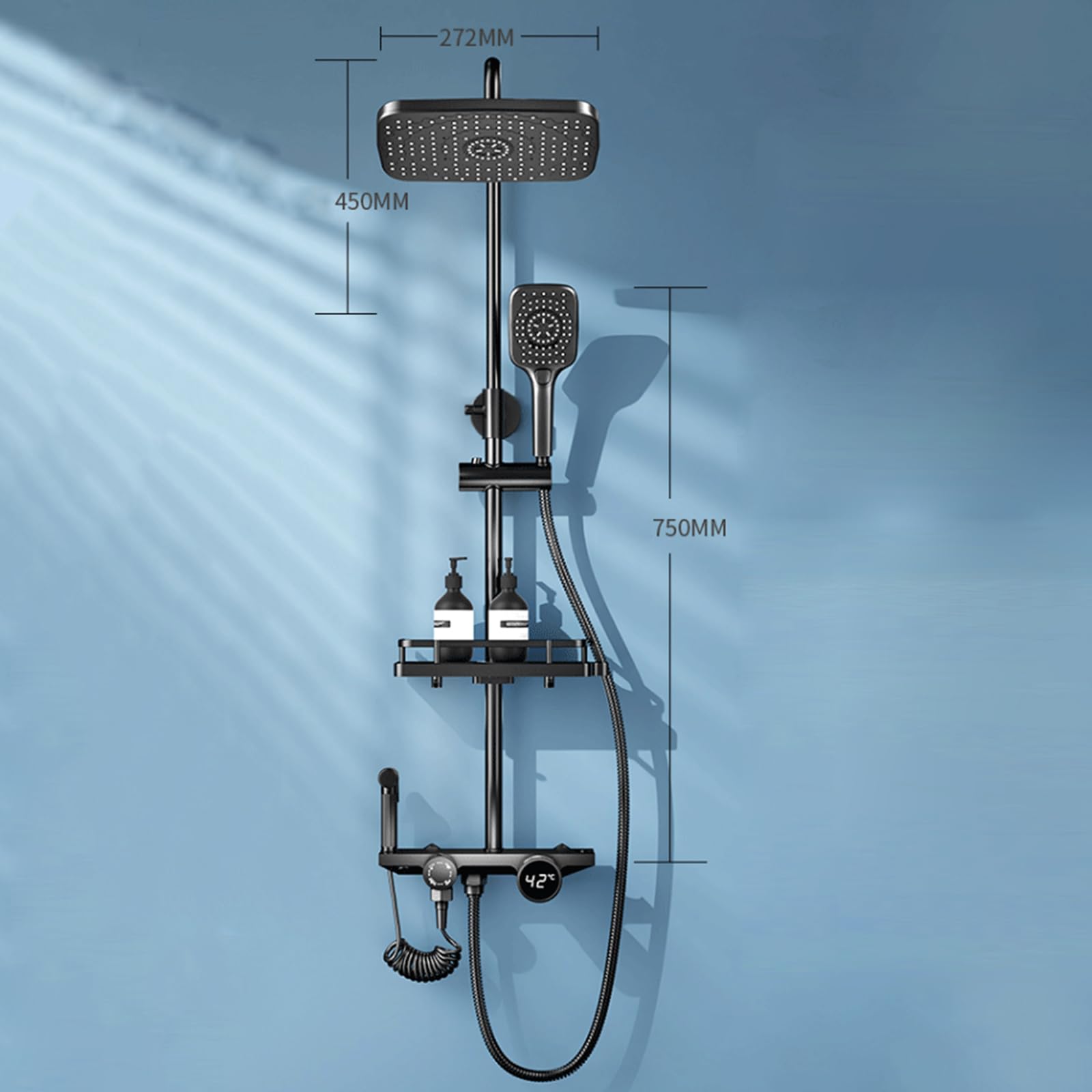Sistema Doccia a Vista Nero, Set Rubinetto con Display Digitale, Set Combinato a 4 funzioni per Bagno, soffione a Pioggia, doccetta, doccetta per Bidet, beccuccio per Vasca