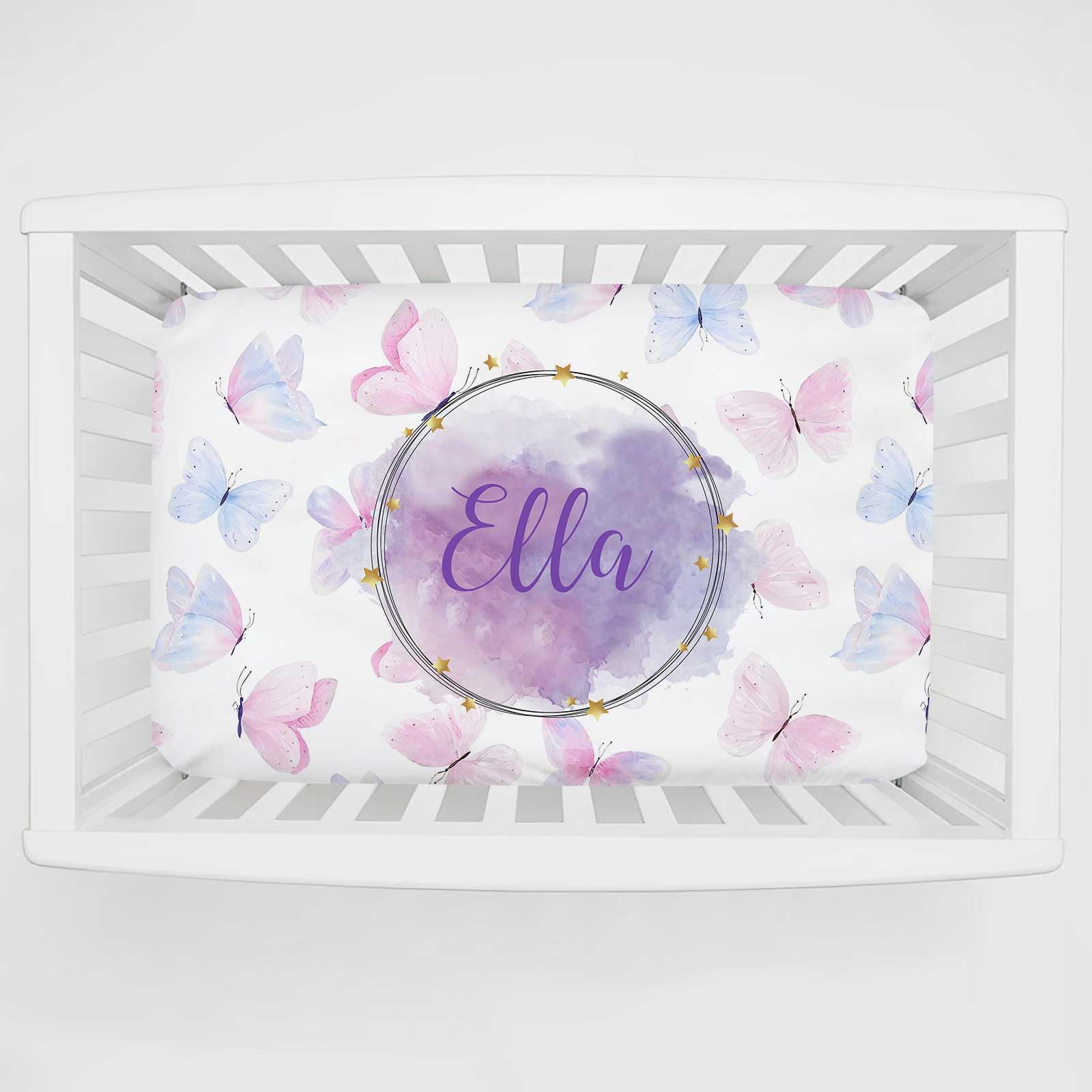 Munific Personalized Mini Crib Sheets with Name, Custom Name Baby Pack and Play Sheets for Girls, Name Pack n Play, Customized Soft Fitted Sheet with Name (Colorful Butterfly), 39x27x5 Inch