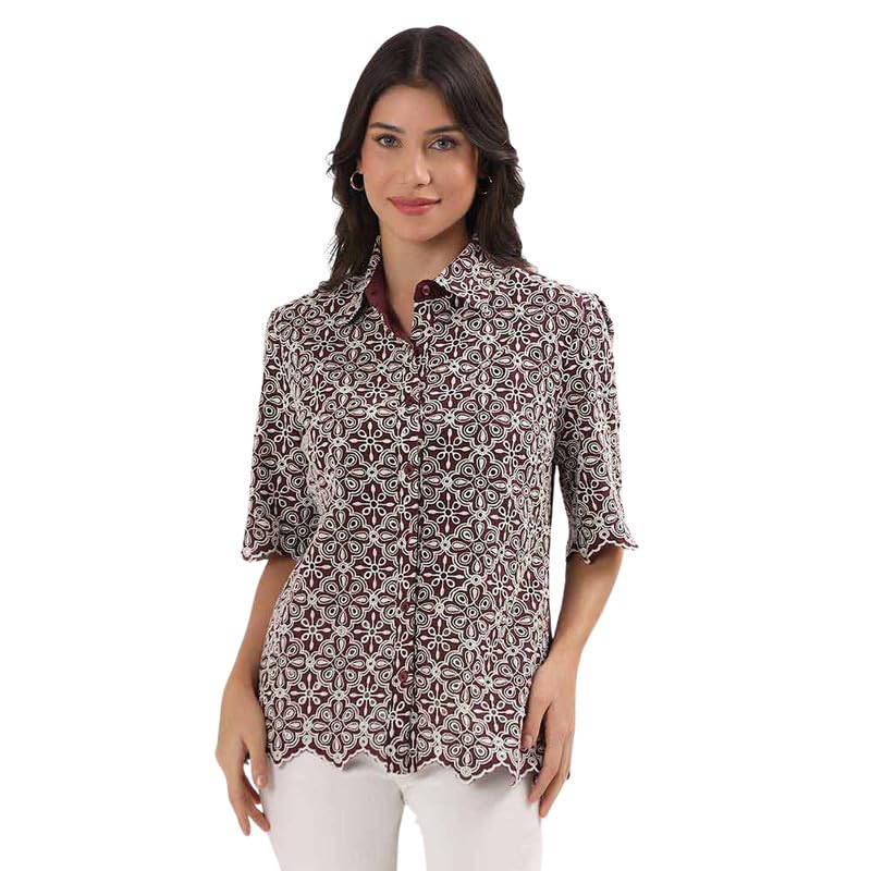 Women’s Wine Embroidered Cutwork Shirt | 100% Cotton | Sleeveless | Summer Top with Contrast Detailing | Regular Fit | Casual & Office Wear-picture-42