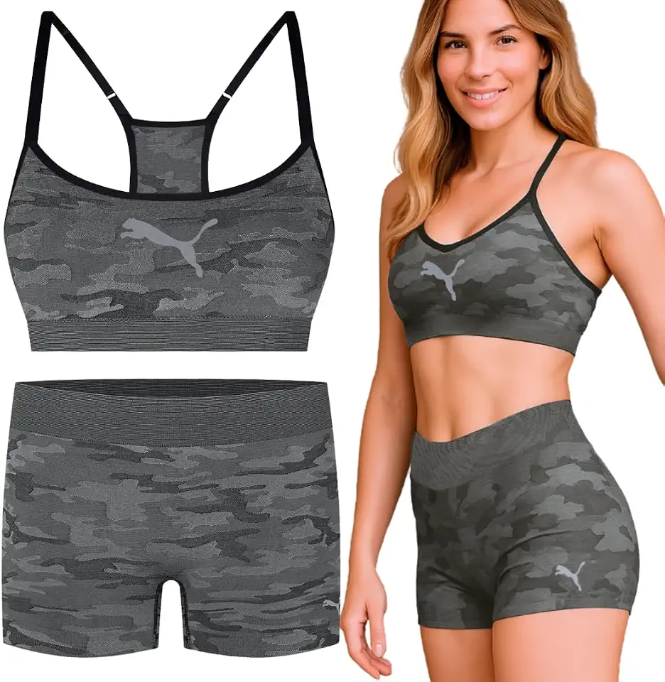 Conjunto Fitness Sem Costura Puma Top Com Bojo e Short Anatômico Academia Feminino Adulto