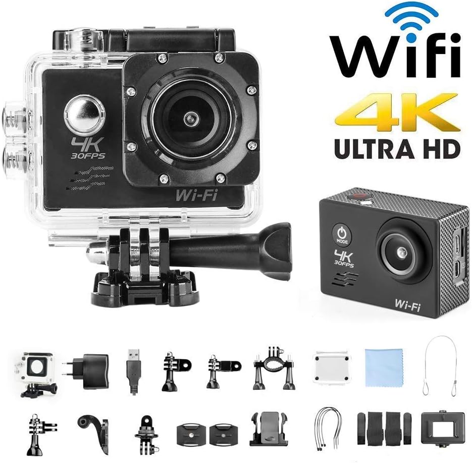 H9 Sport Camera Action Video Camera 4K WiFi Waterproof Sports Camera Full HD 4k 30fps 1080P 60fps 720p120fps Ultra HD Camera 16MP Photo and 170 Wide Angle Lens Rechargeable 1050mAh Battery Black