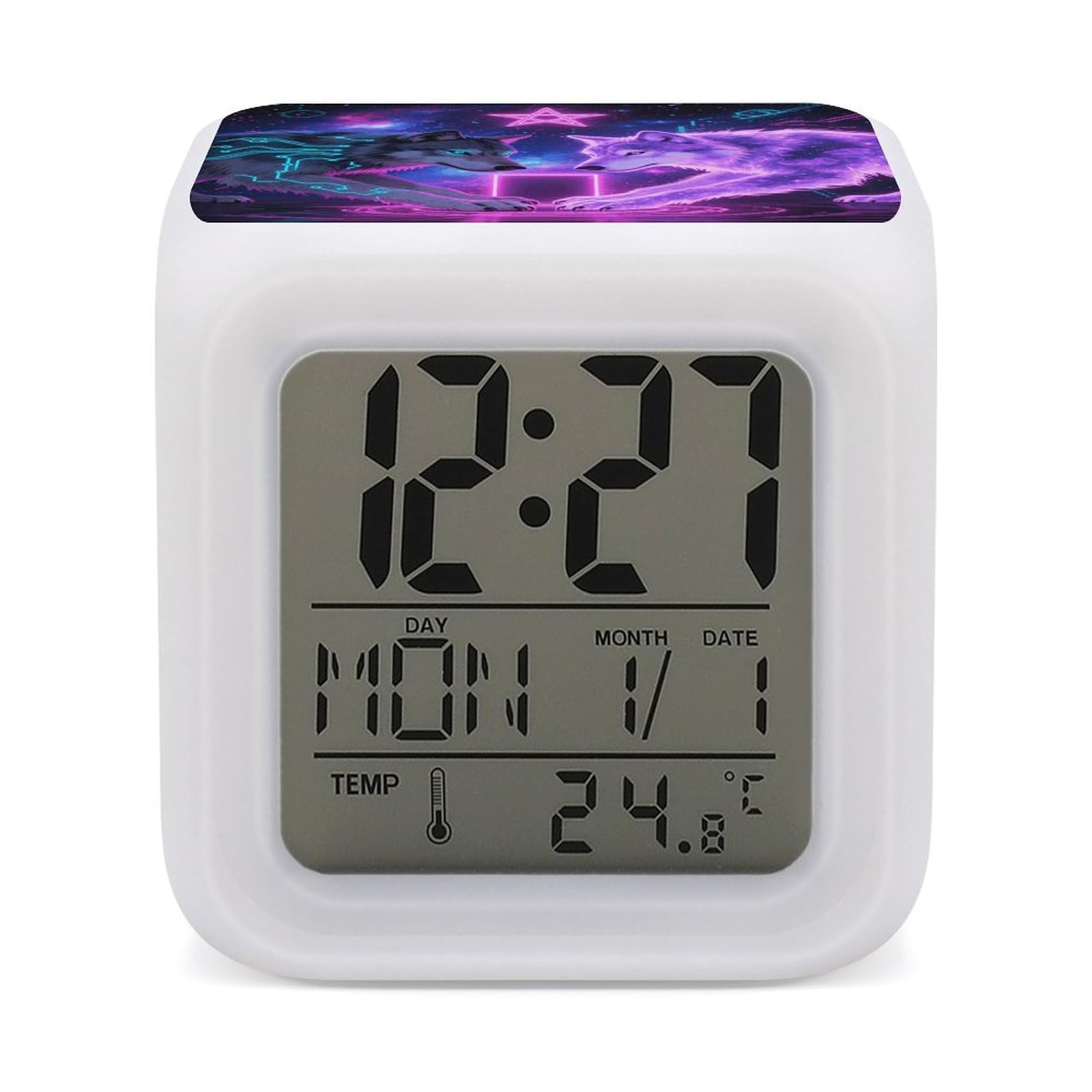 7 Color Ambient Night Light Cube Battery Operated Lightning Wolves Digital Clock with Snooze Temperature LED Digital Alarm Clocks Dimmable Wake Up Light Portable Mood Lamp for Bedroom Desk Gift