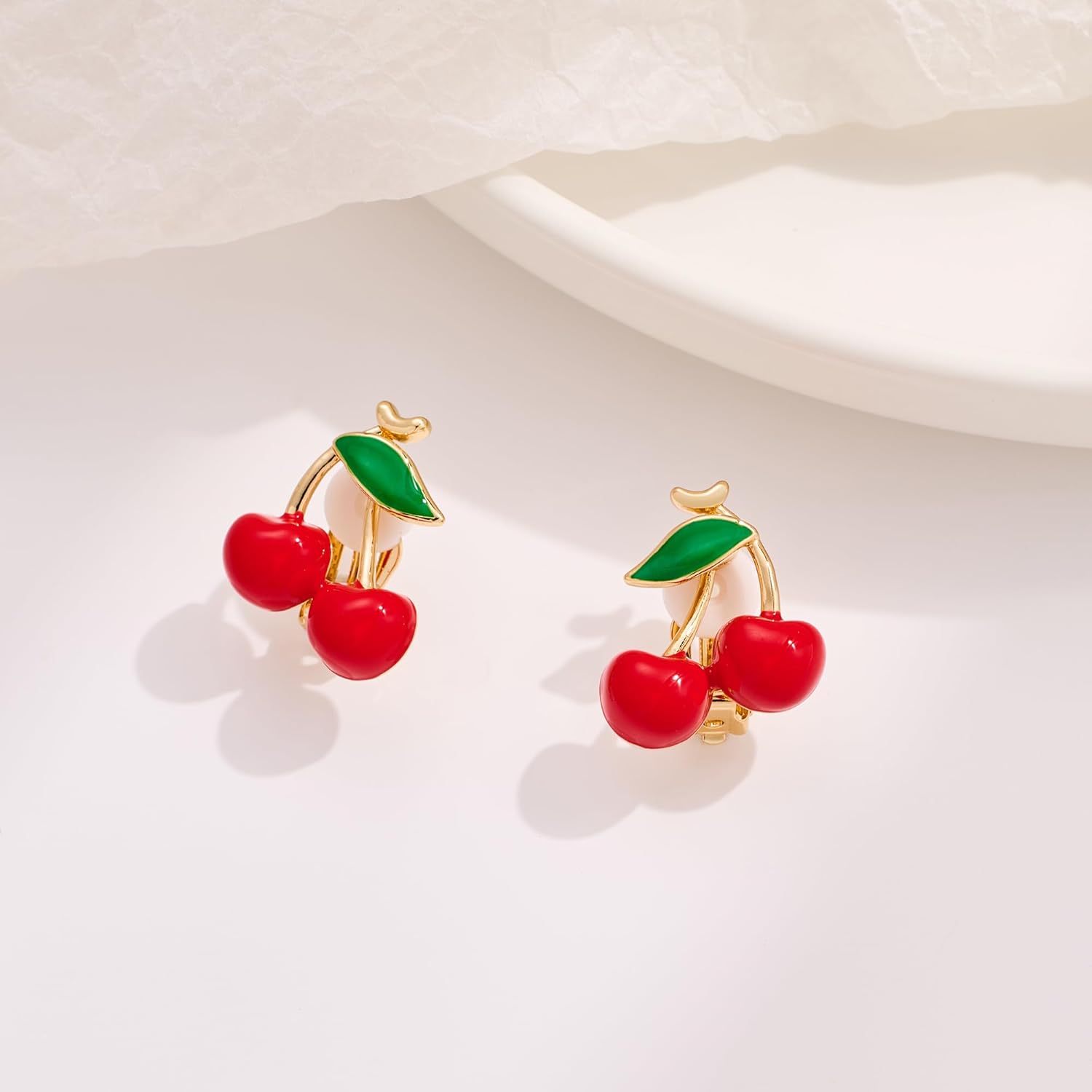 Gold Plated Clip On Earrings for Women Cute Red Cherry Earrings Non Piercing Studs Fruit Jewelry - Image 3