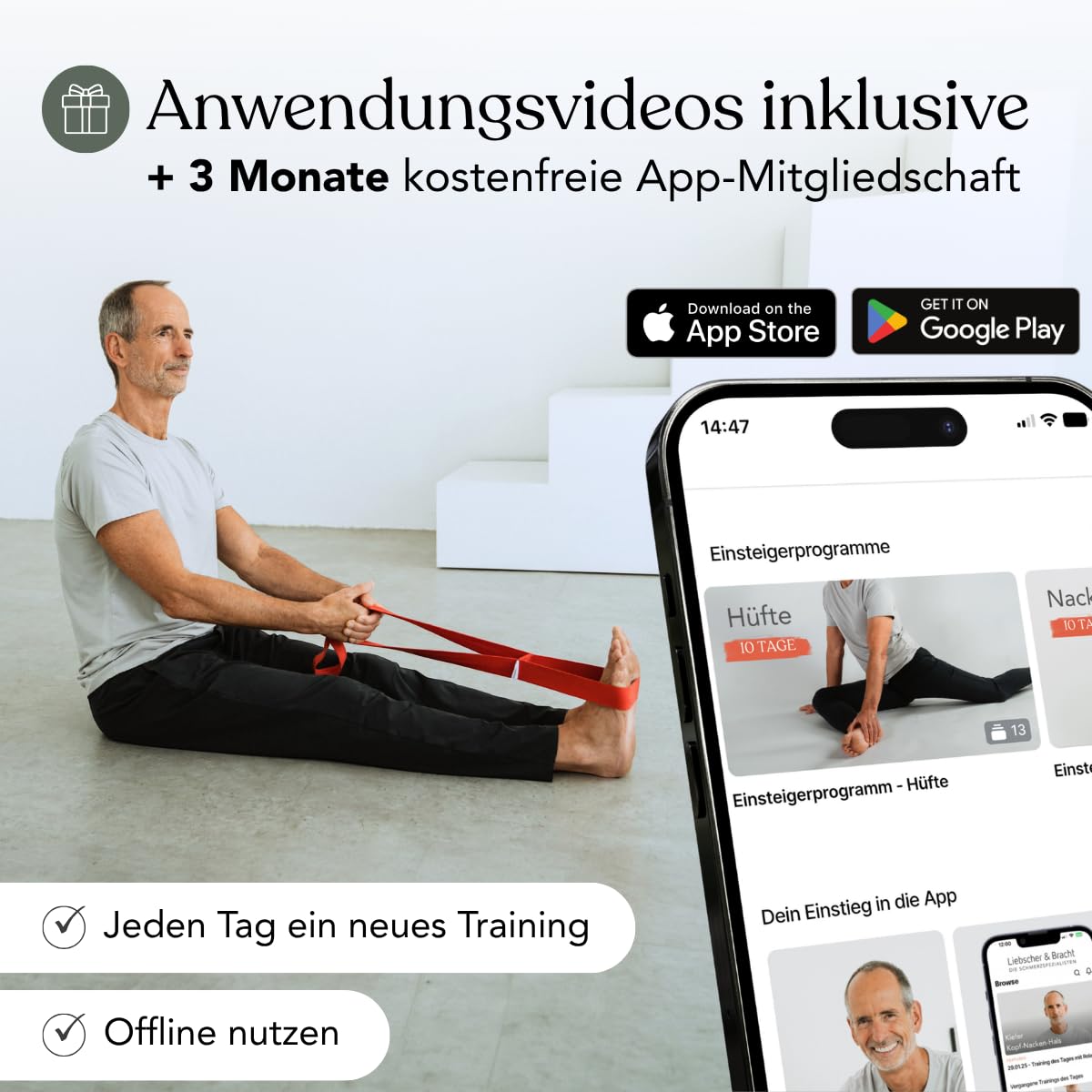 Liebscher & Bracht Original Schlaufe: erleichtert Übungen zur Engpassdehnung, Yogagurt für eine effiziente Schmerztherapie, Yoga und Faszien-Training, Baumwoll Band, Übungen in der App