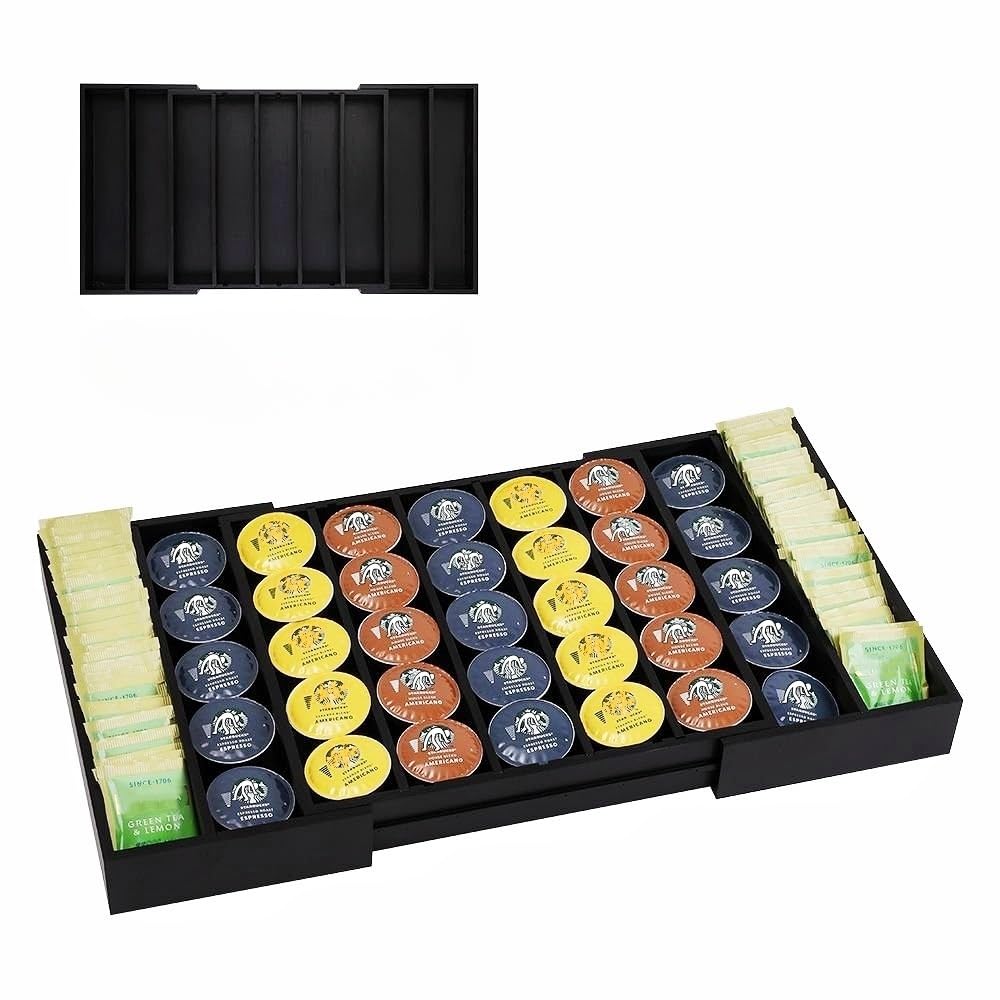 UoeRing K Cup Holder Bamboo Coffee Pod Holder Drawer Organizer, Expandable K Cup Pod Storage Tea Bag Storage for Coffee Station Home Office and