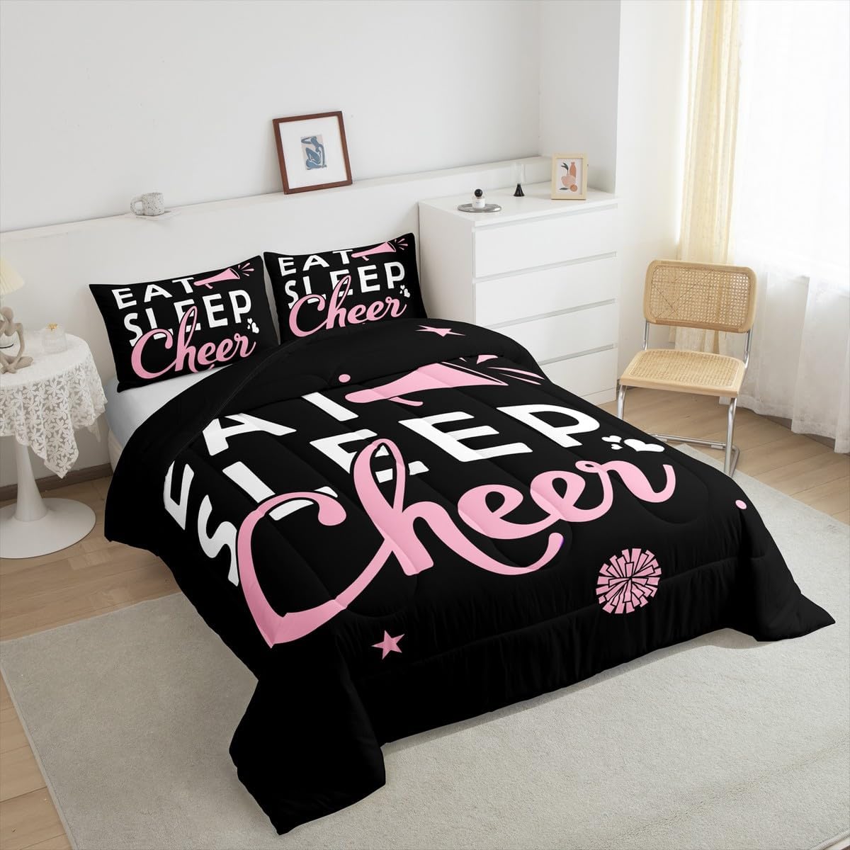 Feelyou Pink Eat Sleep Cheer Comforter Set for Girls Boys Cheerleader Comforter Gymnastics Dancing Lovers Bedding Set Girls Cheerleading Sports Duvet Set King Size Quilt Boys