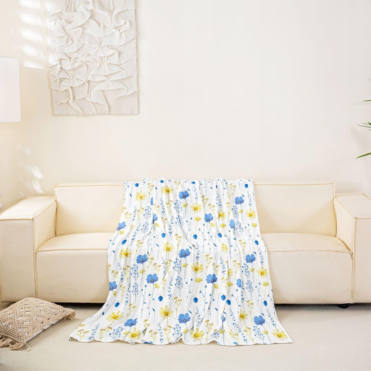 Erosebridal Watercolor Floral Sofa Cover Blue Yellow Flower Couch Cover Modern Minimalist White Sofa Slipcover for Pets, Kids, Dog Rustic Farmhouse Washable Non Slip Couch Protector 71" X 91"