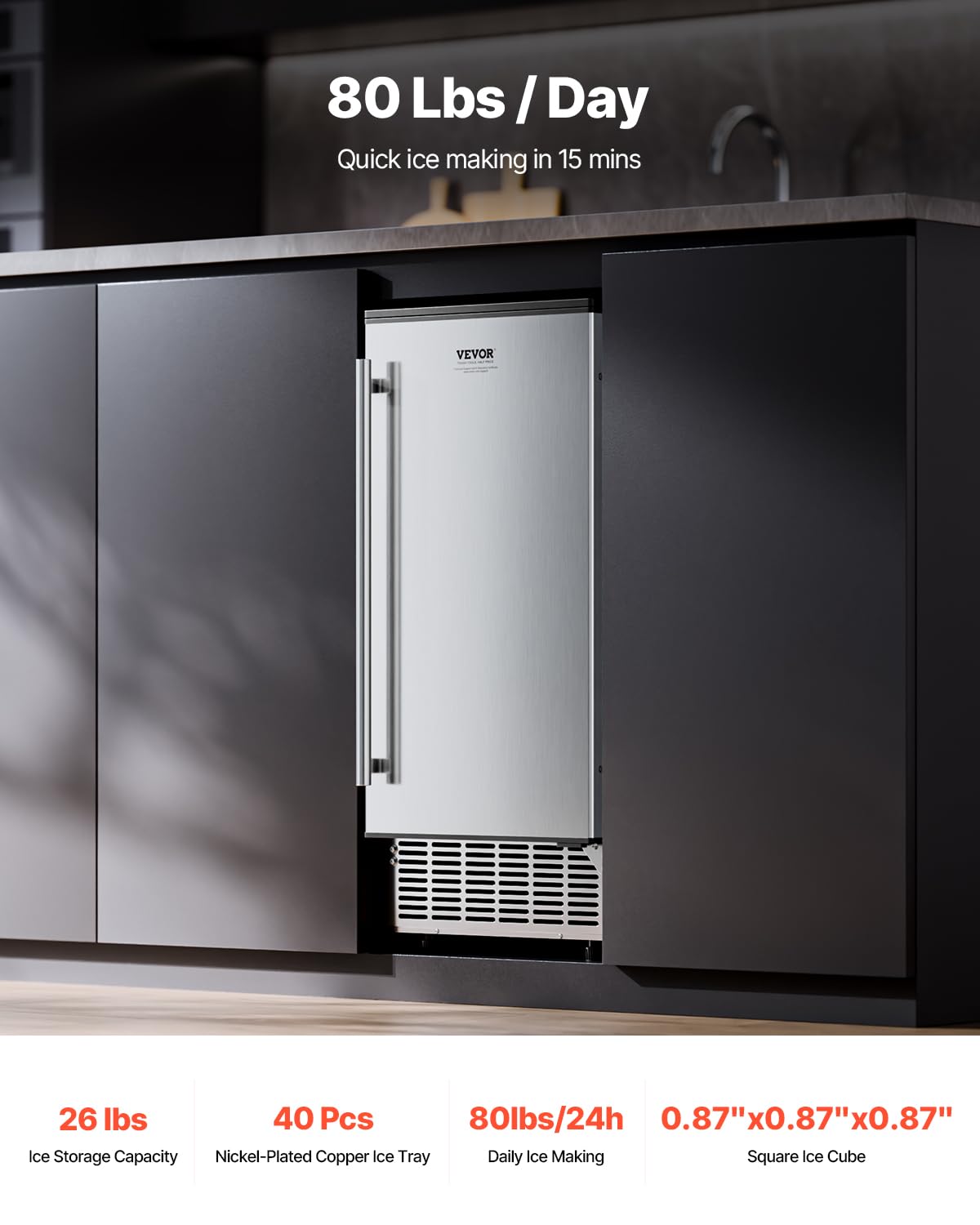 VEVOR Máquina para Fabricar Hielo Empotrada debajo del Mostrador, 36 kg/día, con Puerta Reversible de Acero Inoxidable, para Cocinas Comerciales y Domésticas, Drenaje Eléctrico, 380 x 485 x 855 mm