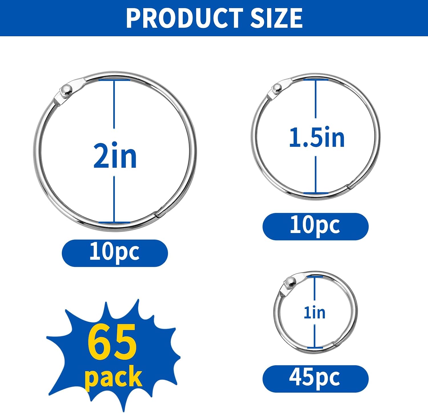 65 Pcs Binder Rings Assorted Sizes (1, 1.5 & 2 inch) - Nickel Plated Silver Metal Book Rings for Index Cards, Keychains, Loose Leaf Paper, Heavy Duty Binder Clips image 2