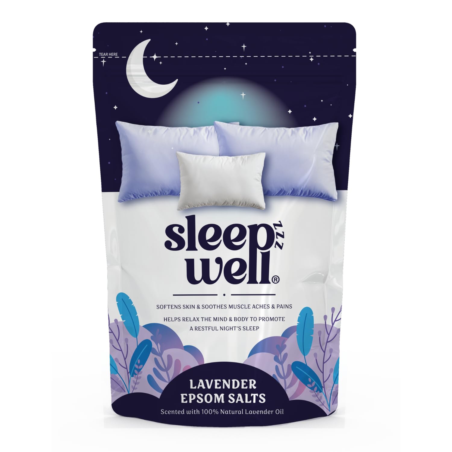 Sleepzzz Well Lavender Epsom Salts | Promote a Restful Nights Sleep - Scented with 100% Natural Lavender Oil | Relax Body & Mind - Softens Skin and Soothes Muscle Aches (450g)