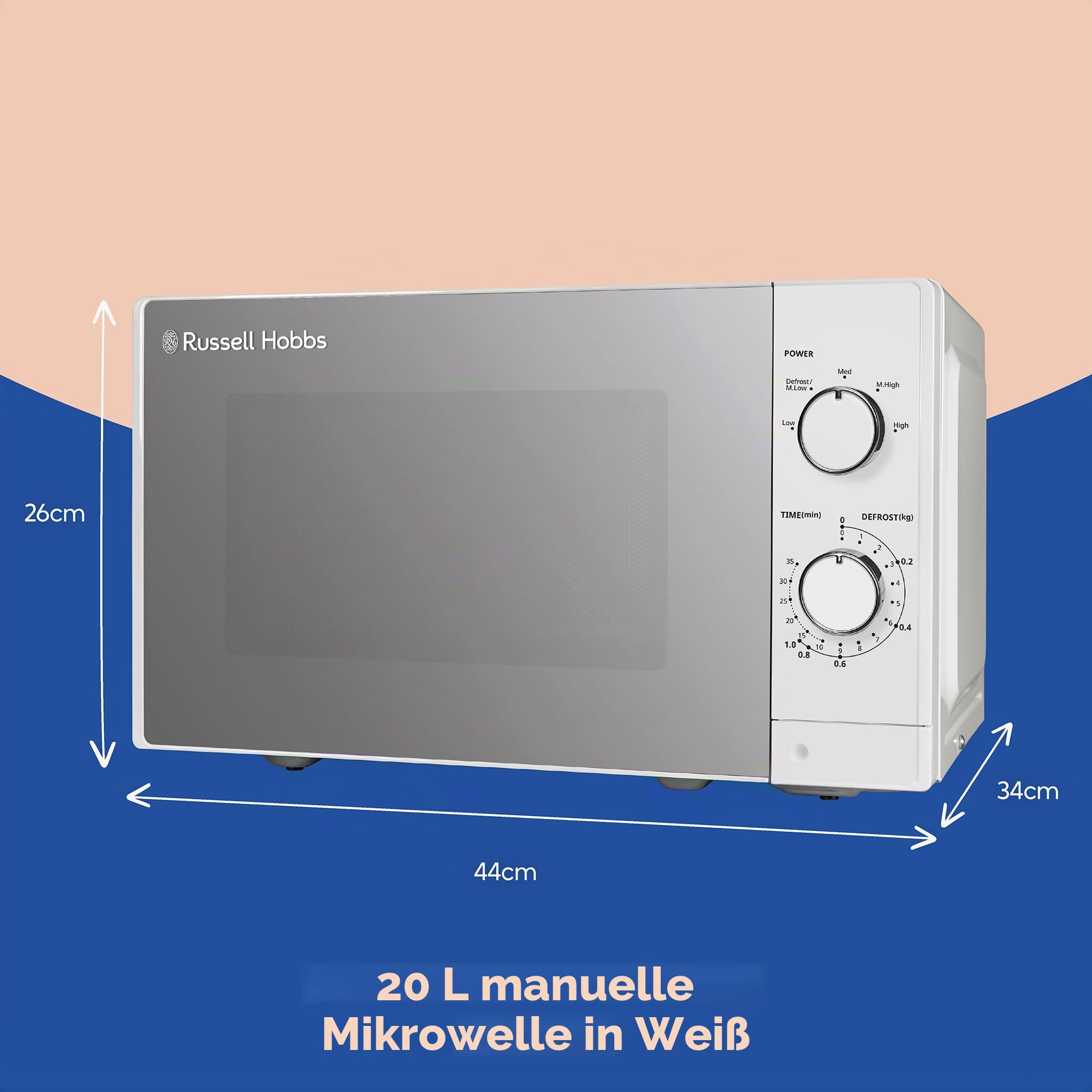 Russell Hobbs Hand-Mikrowelle 20 Liter 800 W, 5 Leistungsstufen, integrierter Timer und Auftaufunktion, leicht zu reinigen RHM2027