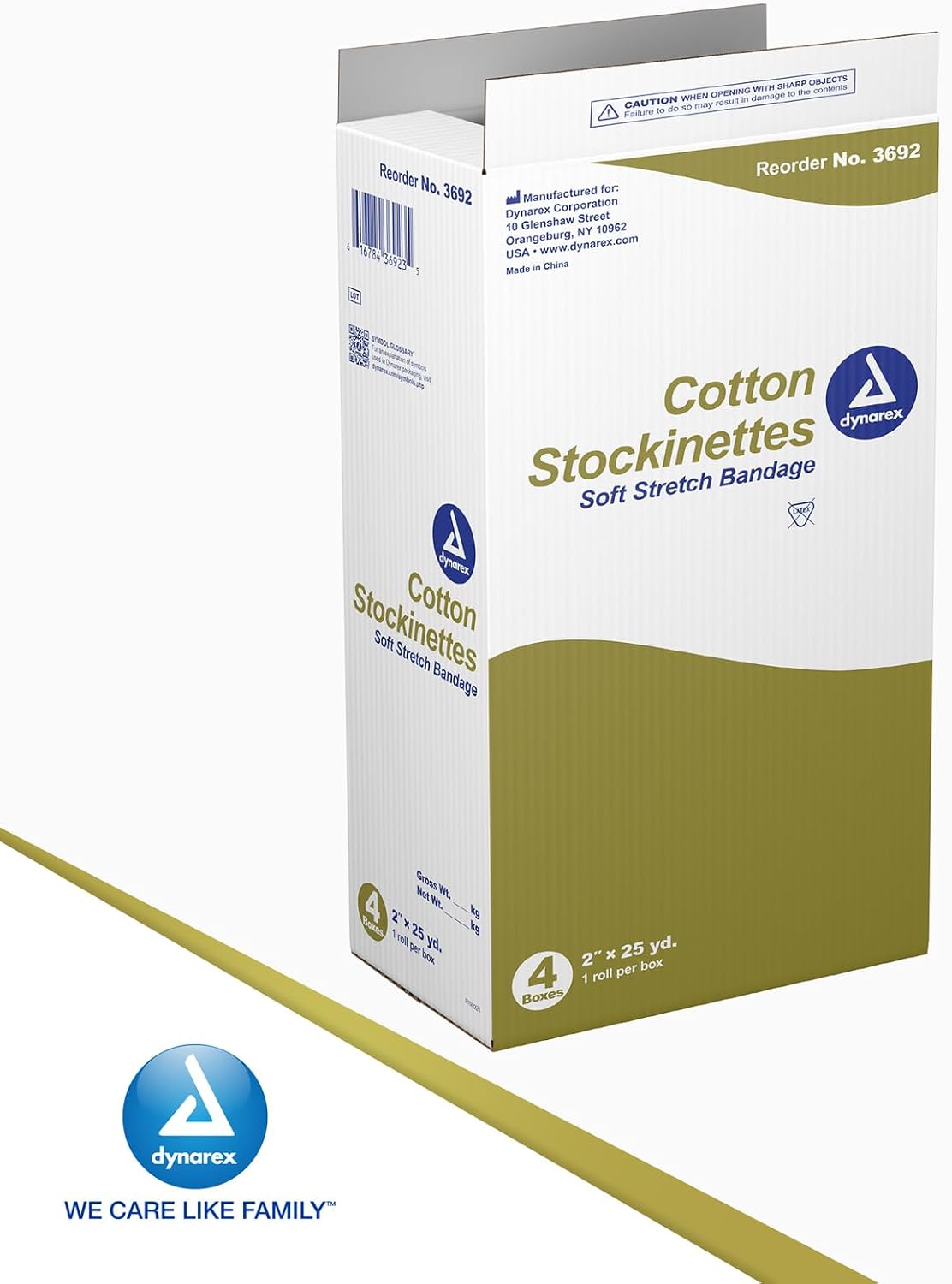 Dynarex Tubular Cotton Stockinette - Non-Sterile Elastic Stockinette Tubing for Legs & Arms - Moisture-Wicking Cast Padding - 2" x 25 Yards, Case of 4 (Packaging May Vary)