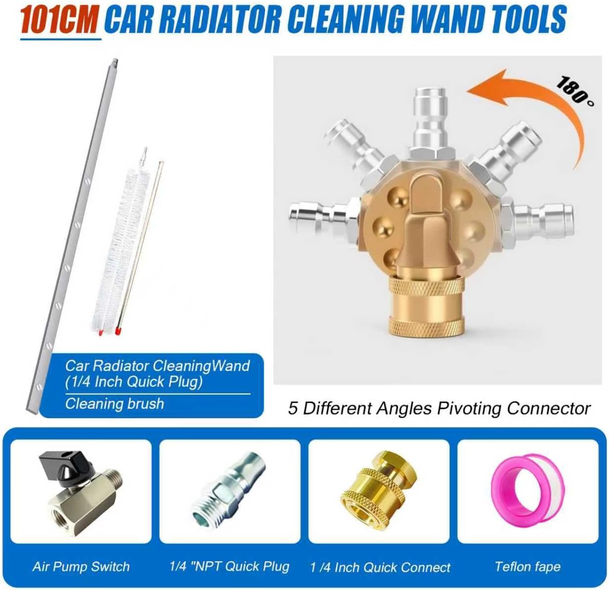 40 Inch Pressure Washer Wand for Radiator Cleaning, Dual-Use Air/Water Flush Tool with 6×25° Fan Nozzles & Brush, 304 Stainless Steel Valve (vs Copper), 6 Tips + Quick Adapter for Car/Truck/Excavator