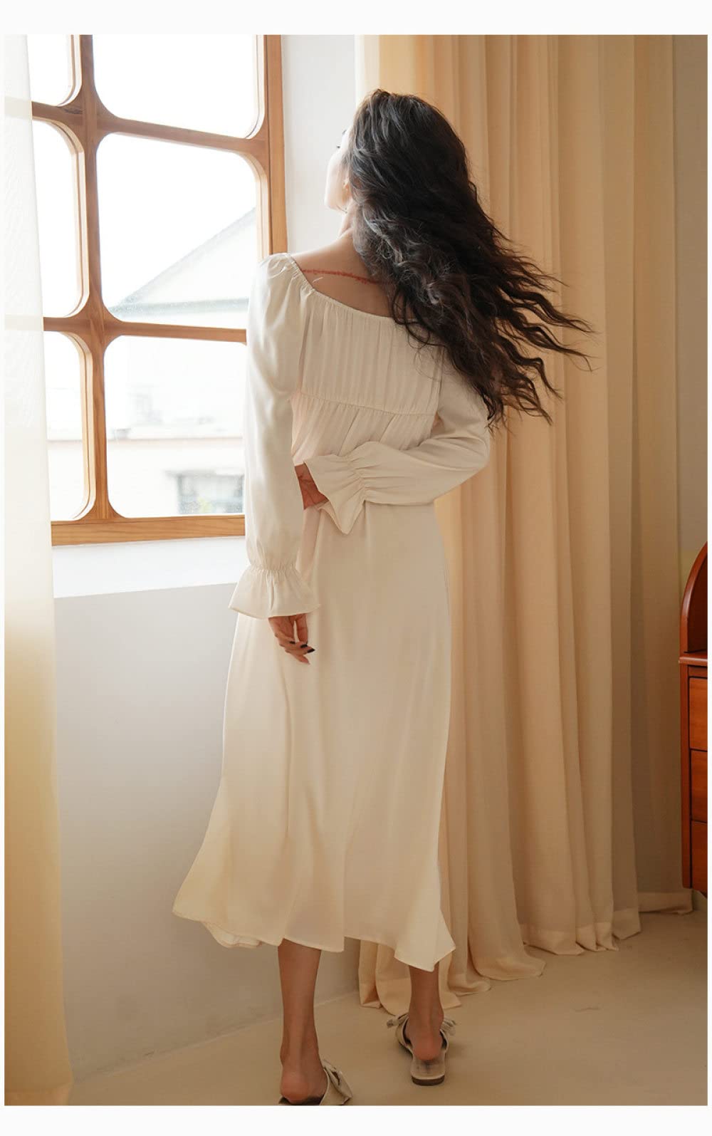 Nachthemd Damen Sexy,Damen Sexy Nachthemd Beige Satin V-Ausschnitt Hohlspitze Rüschen Schleife Weiches Bequemes Langarm Nachthemd Schlanke Nachtwäsche Für Damen Mädchen Party Loungewear Nachthem