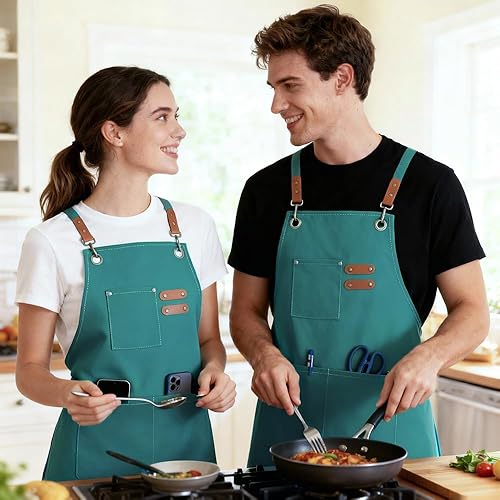Miniatura 3 de Delantal de chef para mujeres y hombres con bolsillos, delantal de jardinería ajustable de lona de algodón con espalda cruzada