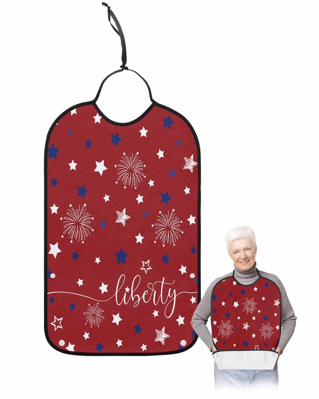LEOKOTI 4th of July Adult Bibs for Eating, Waterproof Bibs with Food Catcher & Adjustable Snap Closure, Blue White Star Fireworks Independence Day Washable Clothing Protectors Adult Bibs for Elderly