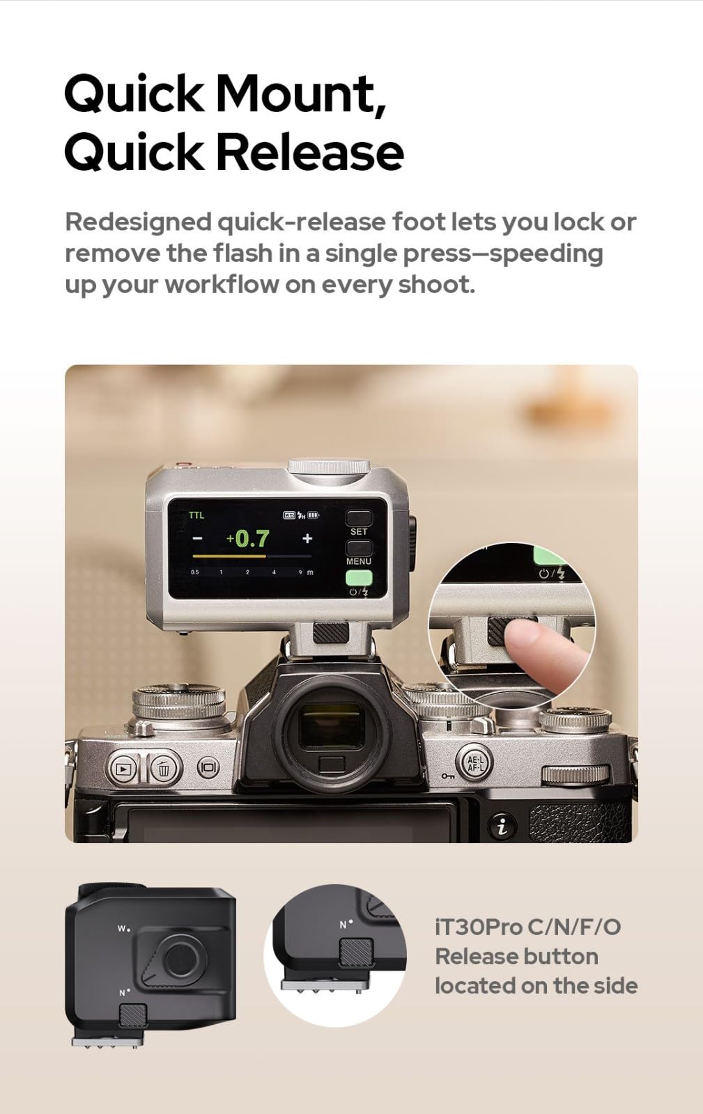 Godox iT30Pro S iT30 Pro S Mini Flash de Cámara para Sony, 2.4GHz TTL HSS 1/8000s, Pantalla táctil a Todo Color, Compatible con ZV-E10 II ZV-E10 ZV-E1 a7IV a7III a7CII a6700 a9III a7RV a6400 (Negro)