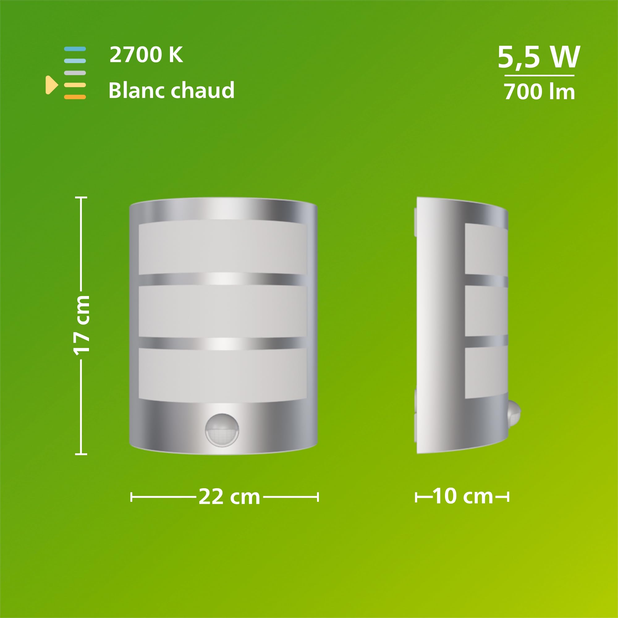 PHILIPS Python Applique Extérieure LED, 5,5 W, 700 lm, Lumière Blanche Chaude 2700 K, IP44 Résiste aux Intempéries, Détecteur de Mouvement Infrarouge, LED Intégrée, Durable, Aluminium