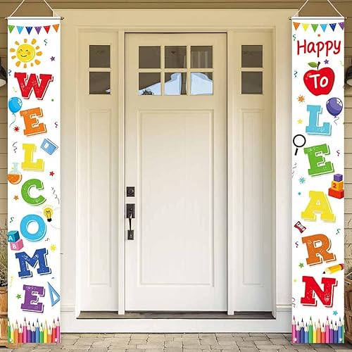 Allenjoy Letrero blanco de bienvenida para porche de regreso a la escuela, cartel de puerta con texto en inglés "Happy to Learn" para decoración de