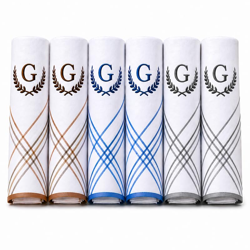 Image of GOLU MOLU Cotton White Formal Handkerchief Pack Of 6 | Office Travel Daily Use | Custom Initial Design | Free Size | Cotton Fabric | Customised N95 Mask Included
