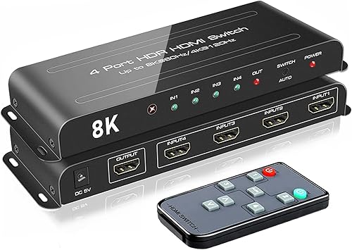 ROOFULL 4 puertos 8K HDMI 2.1 Switch 4 en 1 salida 8K 60Hz 4K 120Hz HDMI Switcher Selector con soporte remoto Conmutación automática 48Gbps HDR 10+