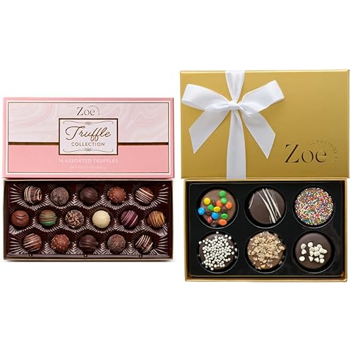 CRAVINGS BY ZOE Trufas de chocolate rosa caja de regalo de 16 piezas + galletas cubiertas de chocolate dorado 6 piezas cesta de regalo