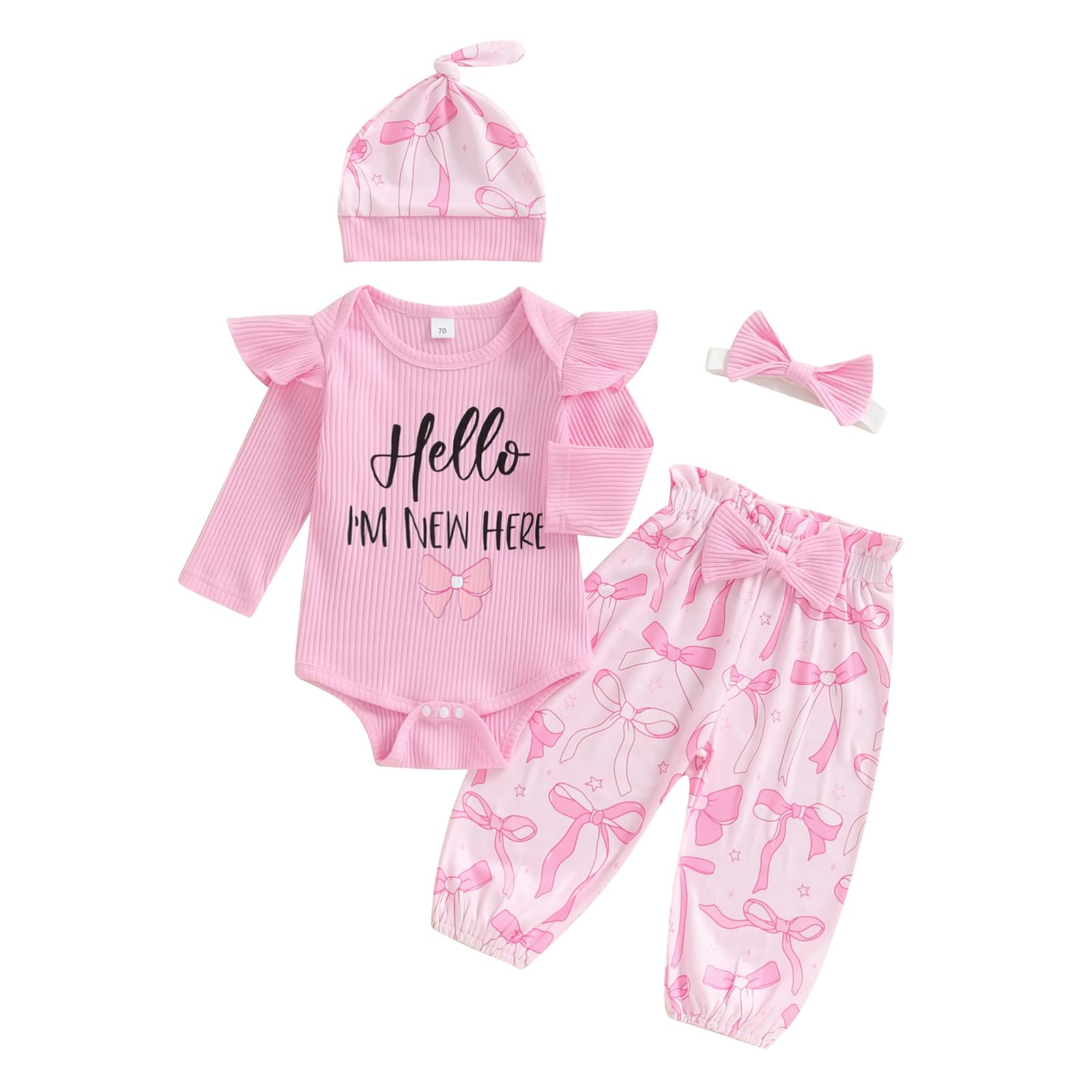 Newborn Baby Girl Clothes Outfits Rib Knit Bodysuit Romper Floral Pants Headband Hat Coming Home Outfit (6-9 Months,Hello I'm New Here Soft Bow)