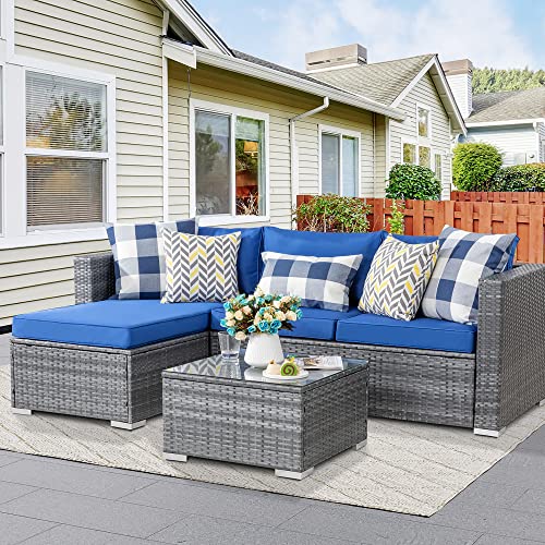Shintenchi Patio Furniture Sets Outdoor Sectional Sofa Silver All-Weather Rattan Wicker Small Patio Conversation Couch Garden Backyard with Washable Couch Cushion and Glass Table 3 Pieces Royal Blue
