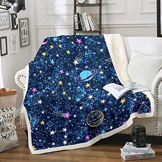 Loussiesd 3D Galaxy Sherpa Blanket Kids Boys Outer Space Theme Fleece Throw Blanket Cartoon Planets Stars Plush Blanket Universe Starry Sky Fuzzy Blanket for Sofa Bed Couch Baby 30x40 Inch